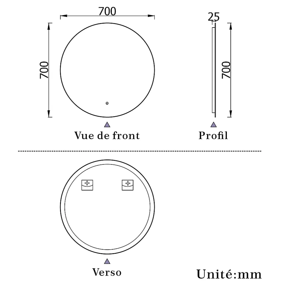 AICA Sanitaire Miroir de salle de bain LED rond 70 cm avec rétro-éclairage, tricolore + anti-buée + mémoire + gradation infinie,