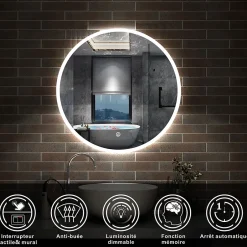 AICA Sanitaire Miroir de salle de bain LED rond de 80cm, dimmable + mémoire + antibuée, avec interrupteur tactile, blanc,* Miroir Lumineux