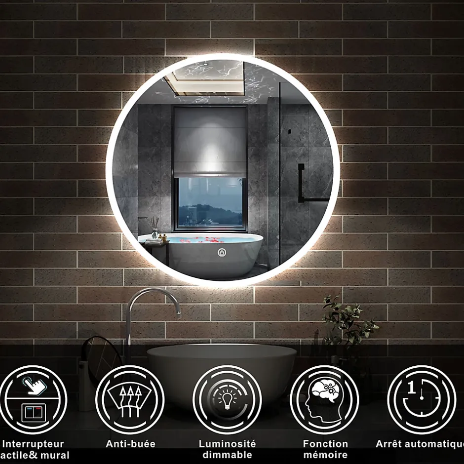 AICA Sanitaire Miroir de salle de bain LED rond de 70cm, dimmable + mémoire + antibuée, avec interrupteur tactile, blanc,* Miroir Lumineux