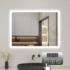 AICA Sanitaire Miroir de salle de bain LED avec bluetooth et horloge, 100x60cm, Tri-color, anti-buée,* Miroir Lumineux
