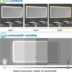 AICA Sanitaire Miroir de salle de bain LED avec bluetooth et horloge, 100x60cm, Tri-color, anti-buée,* Miroir Lumineux