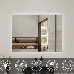 AICA Sanitaire Miroir de salle de bain LED, 100x60cm, mémoire + dimmable, IP44, 6000K blanc,