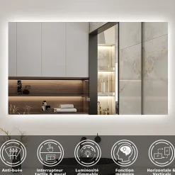 AICA Sanitaire Miroir de salle de bain LED 80x60 cm rétro-éclairé sans cadre avec anti-buée + mémoire + dimmable,* Miroir Lumineux