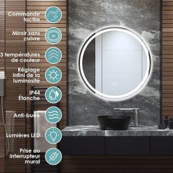 Giantex Miroir de Salle de Bain LED Miroir Mural avec 3 Couleurs de Lumière & Luminosité Réglable Miroir de Coiffeuse LED* Miroir Lumineux