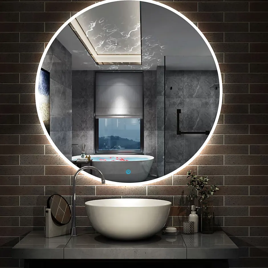 AICA Sanitaire Miroir de salle de bain LED rond de 120cm, dimmable + mémoire + antibuée, avec interrupteur tactile, blanc,