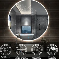 AICA Sanitaire Miroir de salle de bain LED rond de 120cm, dimmable + mémoire + antibuée, avec interrupteur tactile, blanc,