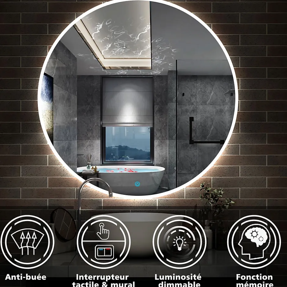 AICA Sanitaire Miroir de salle de bain LED rond de 120cm, dimmable + mémoire + antibuée, avec interrupteur tactile, blanc,