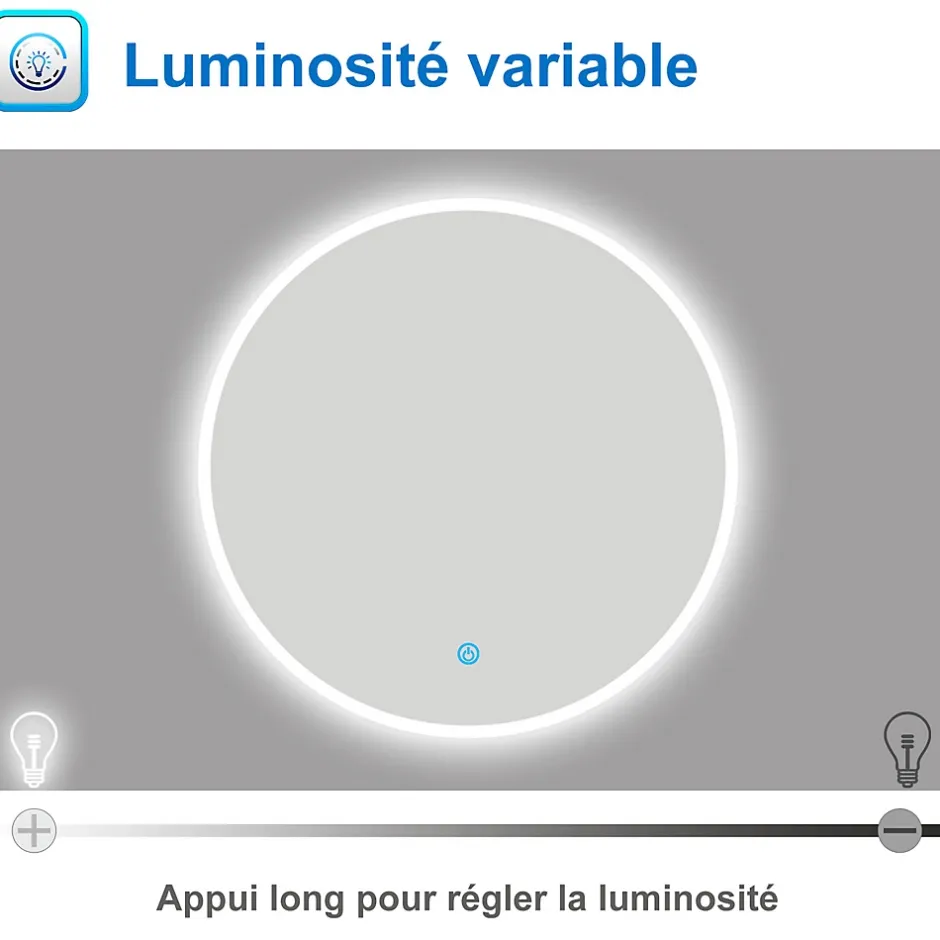 AICA Sanitaire Miroir de salle de bain LED rond de 120cm, dimmable + mémoire + antibuée, avec interrupteur tactile, blanc,
