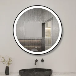 AICA Sanitaire Miroir de salle de bain LED rond 60 cm avec cadre noir, tricolore + anti-buée + mémoire + gradation infinie,