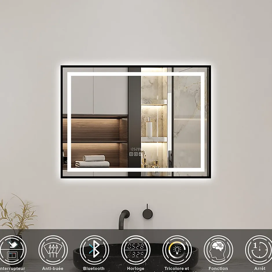 AICA Sanitaire Miroir de Salle de Bain LED Intelligent 100x80 cm - Anti-Buée, Bluetooth, Horloge, Variateur de Lumière 3C