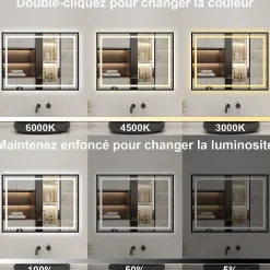 AICA Sanitaire Miroir de Salle de Bain LED Intelligent 100x80 cm - Anti-Buée, Bluetooth, Horloge, Variateur de Lumière 3C