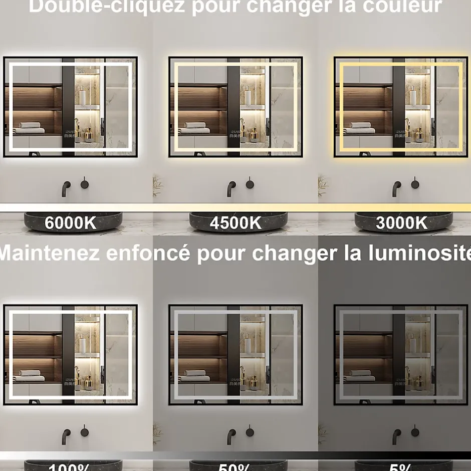 AICA Sanitaire Miroir de Salle de Bain LED Intelligent 100x80 cm - Anti-Buée, Bluetooth, Horloge, Variateur de Lumière 3C
