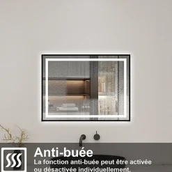 AICA Sanitaire Miroir de Salle de Bain LED Intelligent 100x80 cm - Anti-Buée, Bluetooth, Horloge, Variateur de Lumière 3C