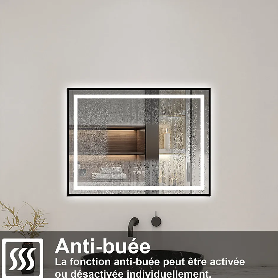 AICA Sanitaire Miroir de Salle de Bain LED Intelligent 100x80 cm - Anti-Buée, Bluetooth, Horloge, Variateur de Lumière 3C