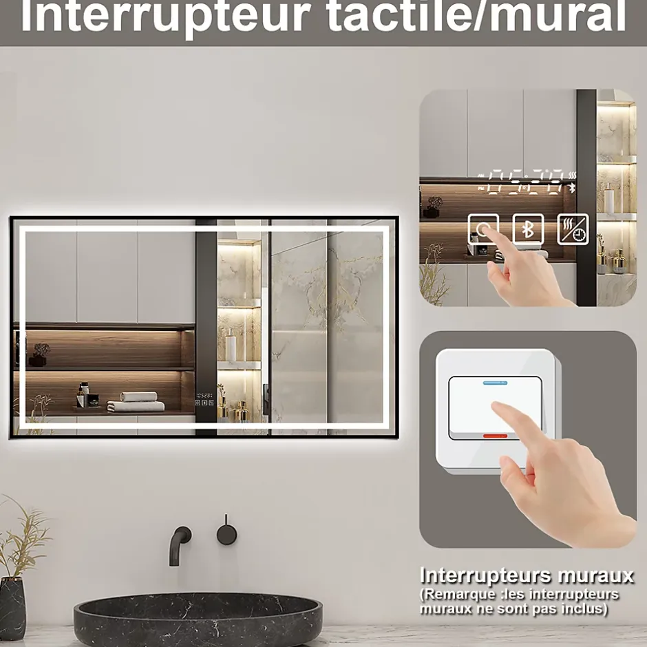 AICA Sanitaire Miroir de Salle de Bain LED Intelligent 100x80 cm - Anti-Buée, Bluetooth, Horloge, Variateur de Lumière 3C