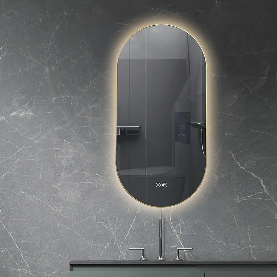 Luxury Bain Miroir de salle de bain LED 45x90cm ovale anti buée avec cadre en aluminium doré, or LuxuryBain* Miroir Lumineux