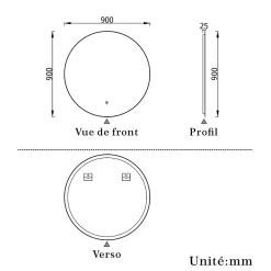 AICA Sanitaire Miroir de salle de bain LED rond 90 cm avec rétro-éclairage sans cadre, anti-buée + mémoire + dimmable,* Miroir Lumineux