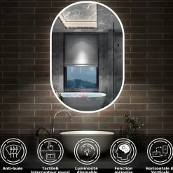 AICA Sanitaire Miroir de salle de bain ovale 45x90cm, mémoire + dimmable + anti-buée, IP44, 6000K blanc froid,