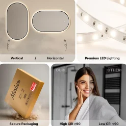 Mirlux Miroir de salle de bain ovale chauffant et éclairé par LED 100x50cm avec cadre noir