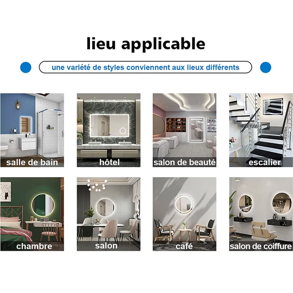 AICA Sanitaire Miroir de salle de bain ovale sans cadre 50x90 cm,