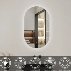 AICA Sanitaire Miroir de salle de bain ovale 60x100cm, mémoire + dimmable, IP44, 6000K blanc froid,* Miroir Lumineux