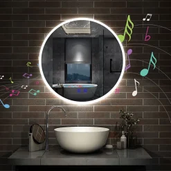 AICA Sanitaire Miroir de salle de bain rond Bluetooth 80cm tricolore + dimmable + mémoire + anti-buée, IP44 Miroir LED,