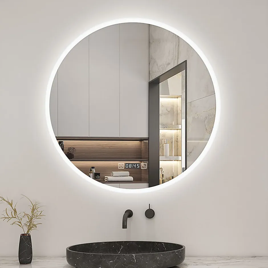 AICA Sanitaire Miroir de salle de bain rond 60x60cm avec Horloge, LED, Tricolore, Anti-Buée,