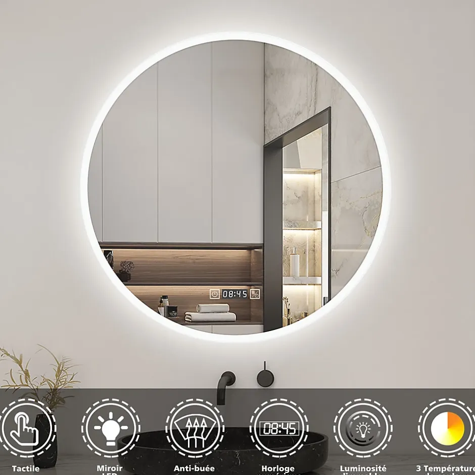 AICA Sanitaire Miroir de salle de bain rond 60x60cm avec Horloge, LED, Tricolore, Anti-Buée,