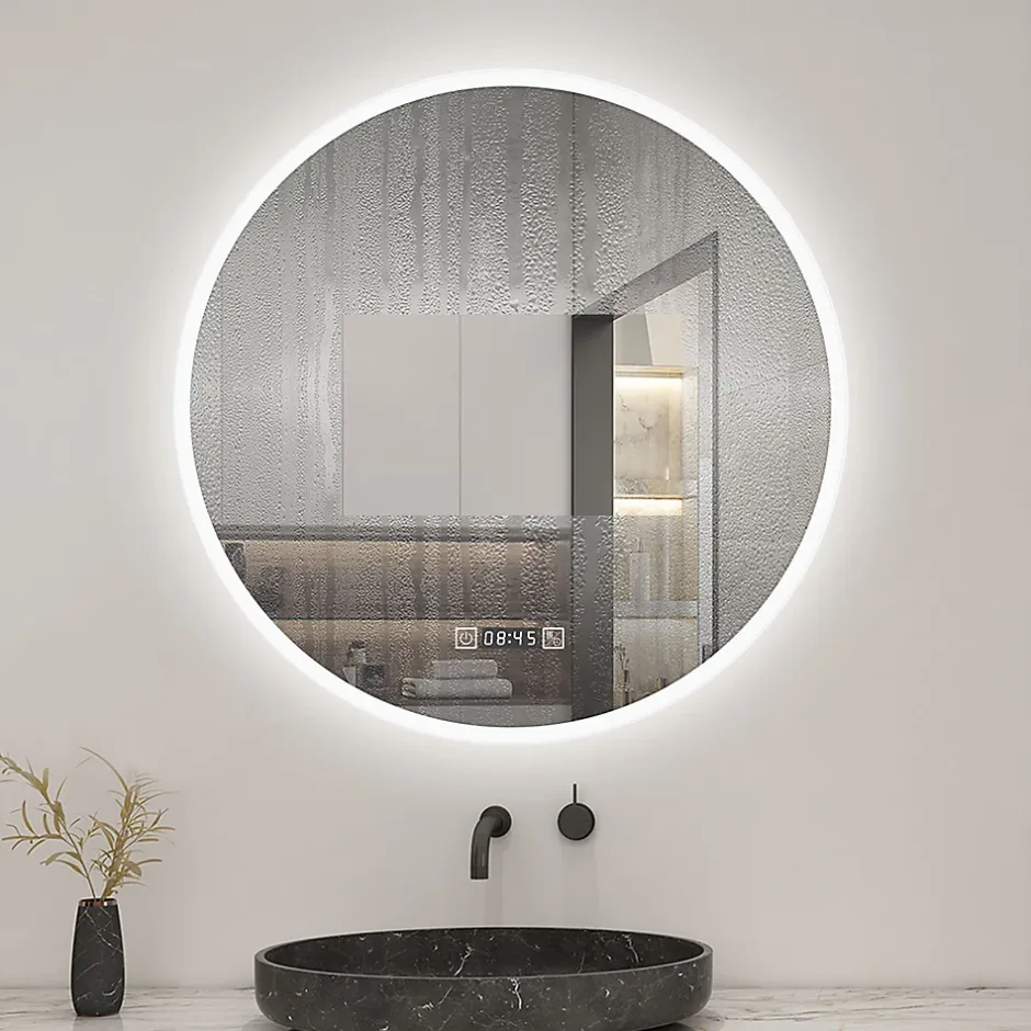 AICA Sanitaire Miroir de salle de bain rond 60x60cm avec Horloge, LED, Tricolore, Anti-Buée,