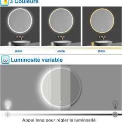AICA Sanitaire Miroir de salle de bain rond 120x120cm LED tricolore anti-buée + mémoire + dimmable,* Miroir Lumineux