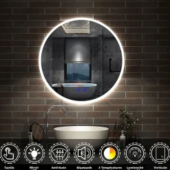 AICA Sanitaire Miroir de salle de bain rond Bluetooth 70cm tricolore + dimmable + mémoire + anti-buée, IP44 Miroir LED,