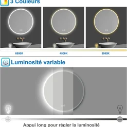 AICA Sanitaire Miroir de salle de bain rond Bluetooth 70cm tricolore + dimmable + mémoire + anti-buée, IP44 Miroir LED,