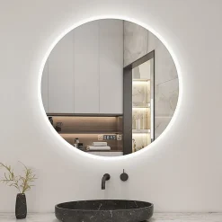 AICA Sanitaire Miroir de salle de bain rond 70x70cm avec Horloge, LED, Tricolore, Anti-Buée,