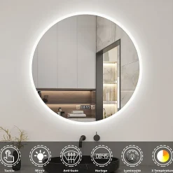 AICA Sanitaire Miroir de salle de bain rond 70x70cm avec Horloge, LED, Tricolore, Anti-Buée,