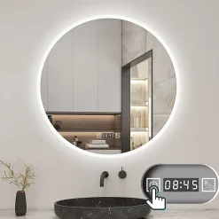 AICA Sanitaire Miroir de salle de bain rond 70x70cm avec Horloge, LED, Tricolore, Anti-Buée,