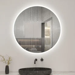 AICA Sanitaire Miroir de salle de bain rond 70x70cm avec Horloge, LED, Tricolore, Anti-Buée,