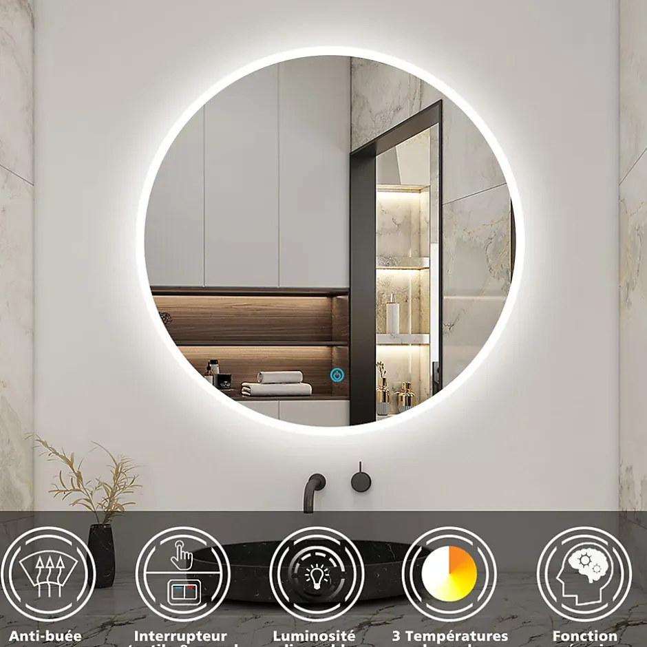 AICA Sanitaire Miroir de salle de bain rond 70x70cm LED tricolore anti-buée + mémoire + dimmable,* Miroir Lumineux