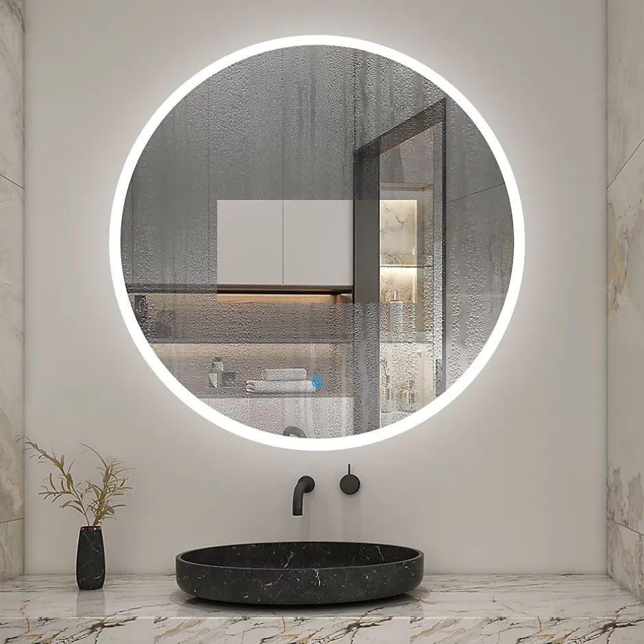 AICA Sanitaire Miroir de salle de bain rond 70x70cm LED tricolore anti-buée + mémoire + dimmable,* Miroir Lumineux