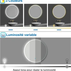 AICA Sanitaire Miroir de salle de bain rond 70x70cm LED tricolore anti-buée + mémoire + dimmable,* Miroir Lumineux