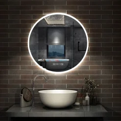 AICA Sanitaire Miroir de salle de bain rond 70x70cm avec Horloge, LED, Tricolore, Anti-Buée,