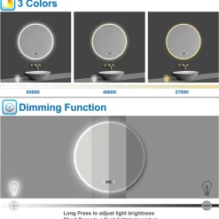 AICA Sanitaire Miroir de salle de bain rond 70x70cm avec Horloge, LED, Tricolore, Anti-Buée,