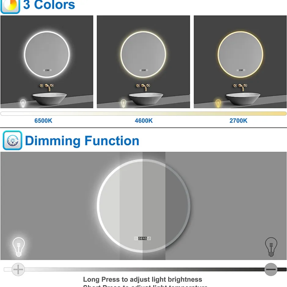 AICA Sanitaire Miroir de salle de bain rond 70x70cm avec Horloge, LED, Tricolore, Anti-Buée,