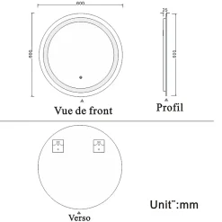 AICA Sanitaire Miroir de salle de bain rond led 60 cm, anti buée Lumière blanche froid 6000K tactile mural,