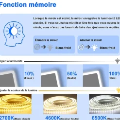 AICA Sanitaire Miroir de salle de bain rétro-éclairé sans cadre 90x70cm, Tricolore + Anti-buée + Mémoire + Dimmable,