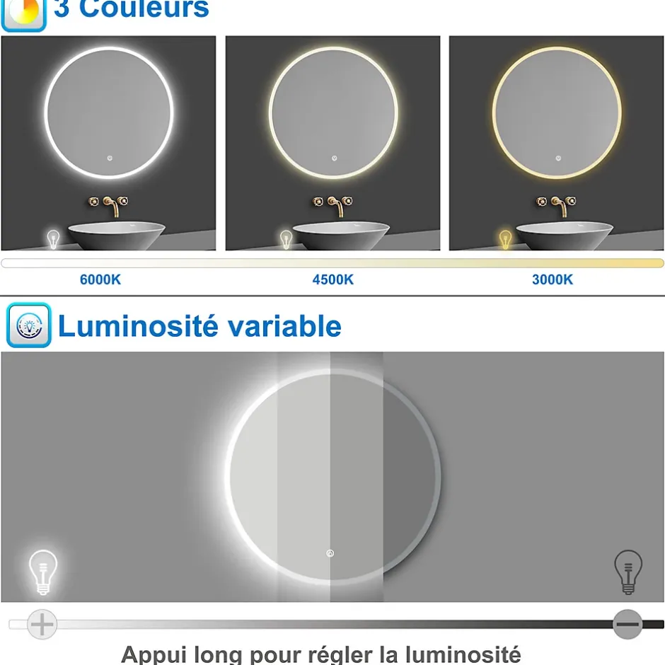 AICA Sanitaire Miroir de salle de bain rond 70x70cm LED tricolore anti-buée + mémoire + dimmable,