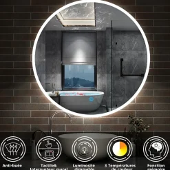 AICA Sanitaire Miroir de salle de bain rond 100x100cm LED tricolore anti-buée + mémoire + dimmable,* Miroir Lumineux