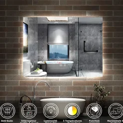 AICA Sanitaire Miroir de salle de bain rétro-éclairé sans cadre 90x70cm, Tricolore + Anti-buée + Mémoire + Dimmable,