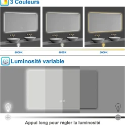 AICA Sanitaire Miroir de salle de bain rétro-éclairé sans cadre 90x70cm, Tricolore + Anti-buée + Mémoire + Dimmable,