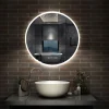 AICA Sanitaire Miroir de salle de bain rond 60x60cm avec Horloge, LED, Tricolore, Anti-Buée,* Miroir Lumineux
