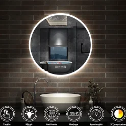 AICA Sanitaire Miroir de salle de bain rond 60x60cm avec Horloge, LED, Tricolore, Anti-Buée,* Miroir Lumineux